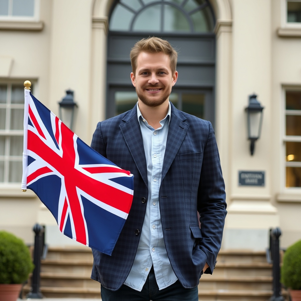 ab5bab1e f04f 4d1a baa2 20645366036f neuroflash Entrepreneur with English flag on the Revert stand 1757208261